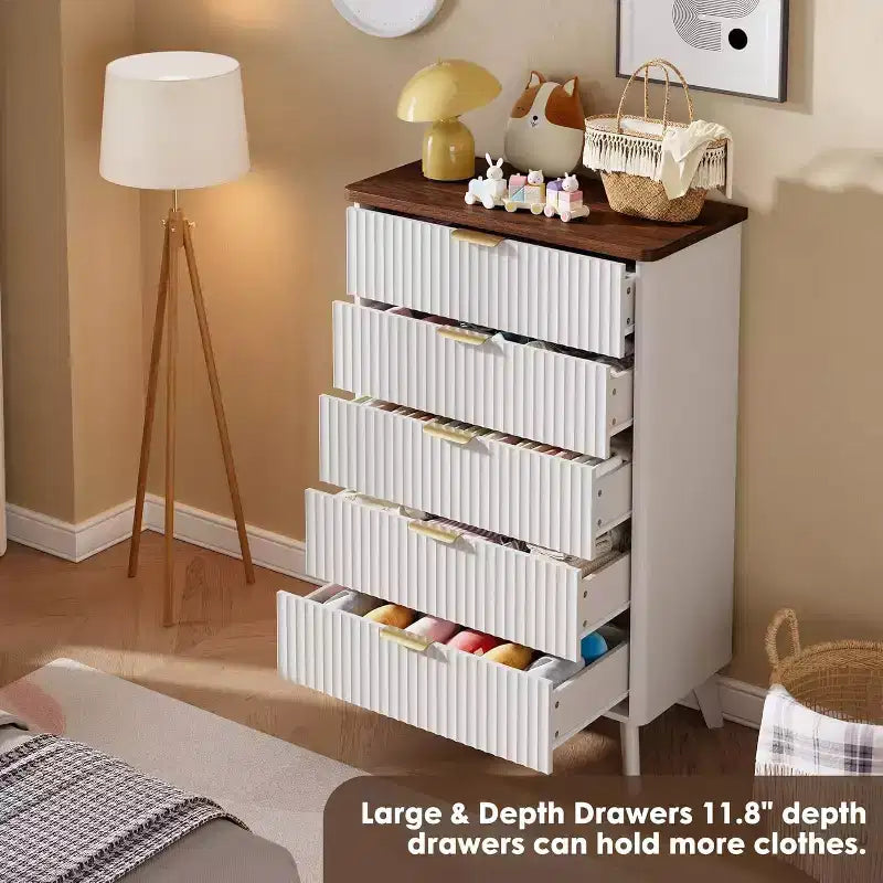 5-Drawer Fluted Dresser, 47.2-Inch Tall Chest of Drawers, Curved Design