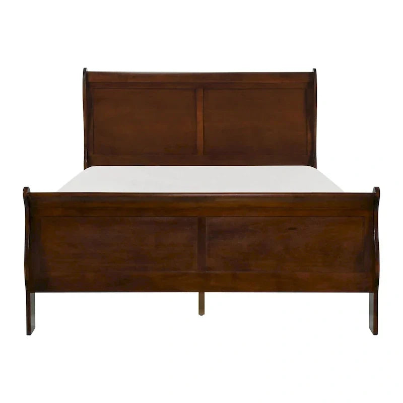 Traditional Queen Sleigh Bed, Wood Frame, Rich Brown Cherry Finish