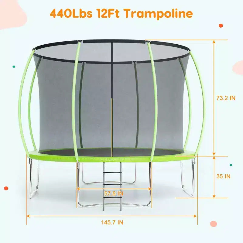 Outdoor Trampoline, 12FT Trampoline with Safety Enclosure - 440Lbs Capacity ASTM F2225-15 Certified No-Gap Net Rust-Resistant for Kids Adults