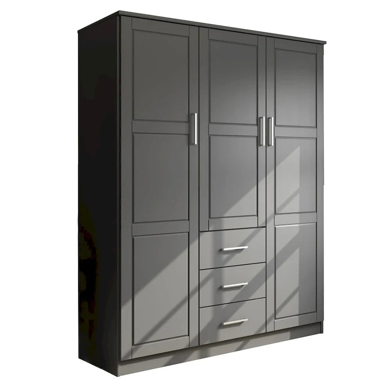 3-Door Solid Pine Wood Wardrobe Armoire, 72"H x 56"W, Mirrored or Panel Door, 3 Clothing Rods