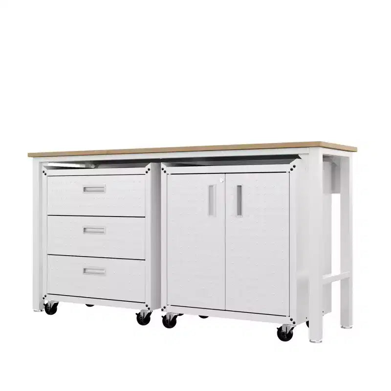 Manhattan Comfort Fortress 3pc Mobile Space Saving Garage Cabinet and Worktable Set 3.0 White