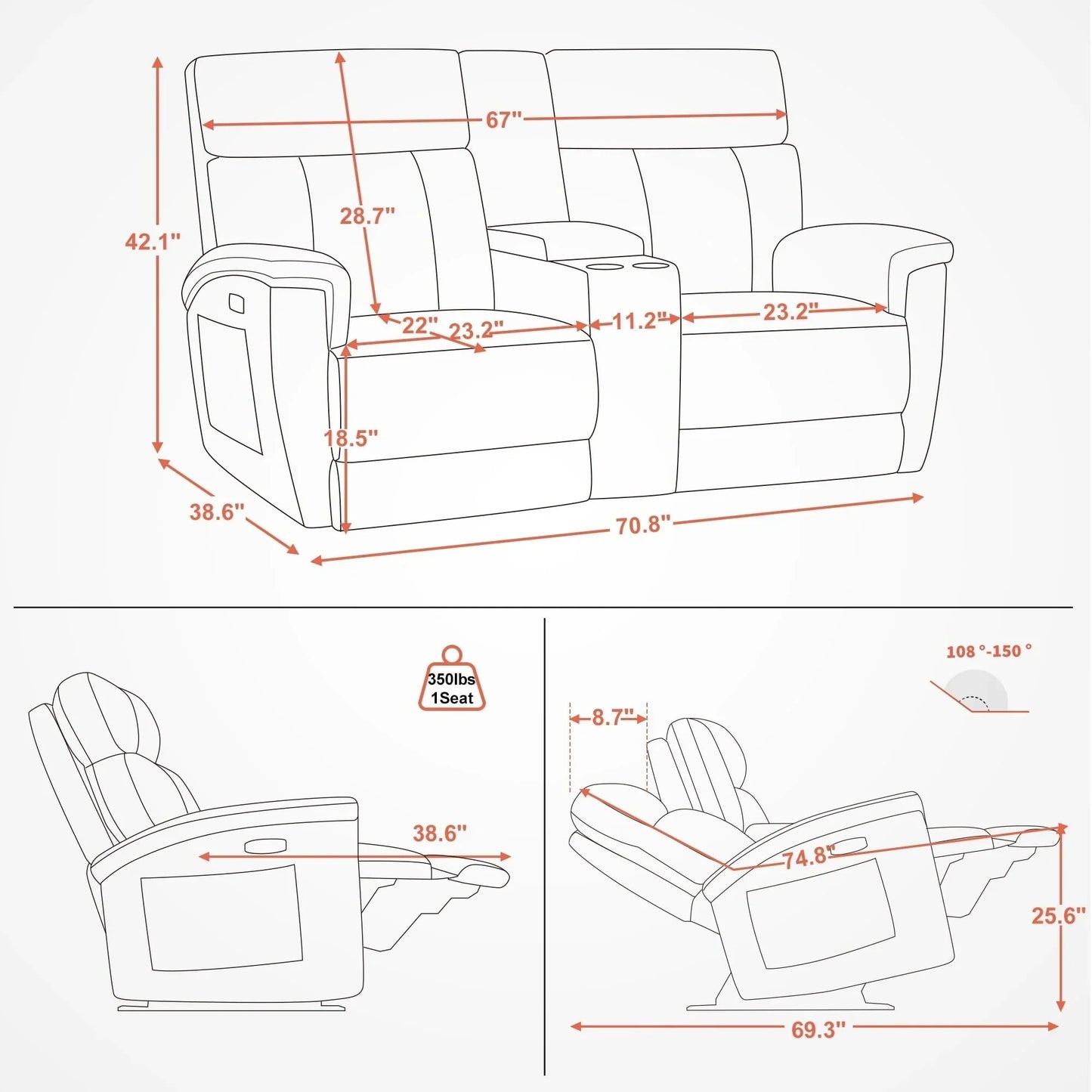 MCombo 60.2 Power Loveseat Recliner Sofa with Massage and Dual Heating, Adjustable Headrest, USB & Type C Port, Fabric