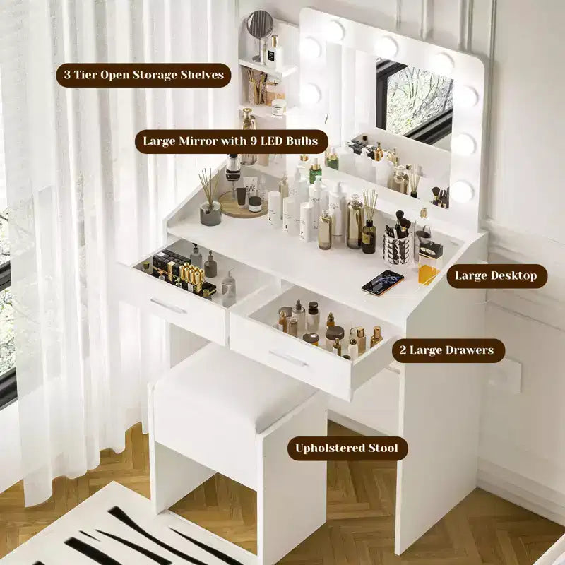 Vanity Desk with Mirror and Lights, Makeup Vanity with Power Outlet & Cushioned Stool, 3 Lighting Modes Adjustable Brightness, Dressing Table