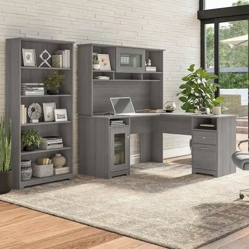 60" L-Shaped Computer Desk with Hutch, 5-Shelf Bookcase & File Drawer, 200 lb Desktop Capacity