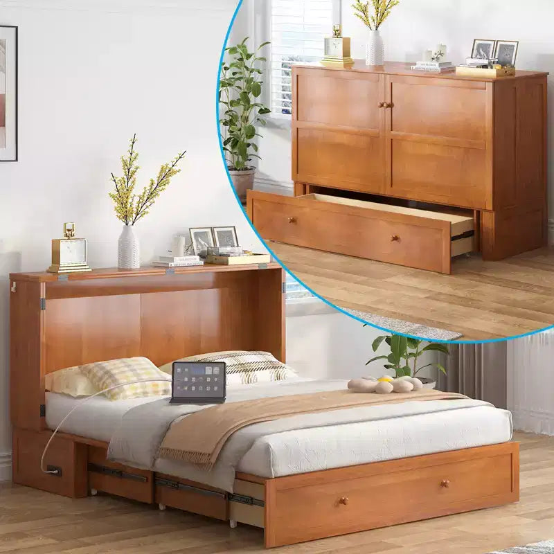 Murphy Bed Cabinet, Modern Murphy Bed Queen with Mattress, Built-in USB Charging Station & Drawers