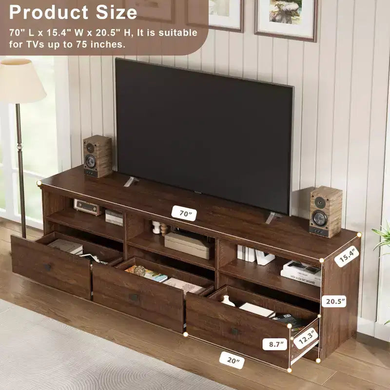 70" TV Stand for TVs up to 80", Mid Century Modern Entertainment Center with Drawers & Shelves