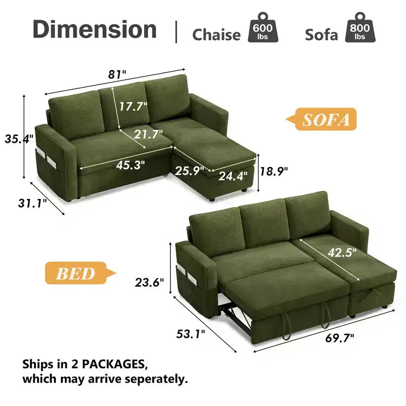 Dyonery 81 Sleeper Sofa Bed, 2 in 1 Pull Out Couch with Reversible Storage Chaise