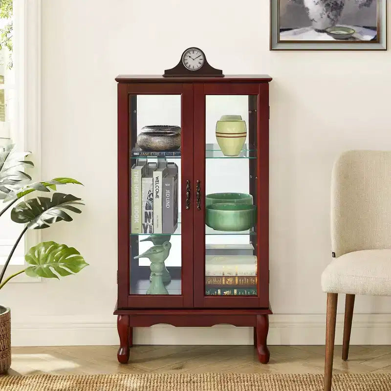 Curio Display Cabinet with 2 Tempered Glass Doors, 3 Shelves & Mirrored Back