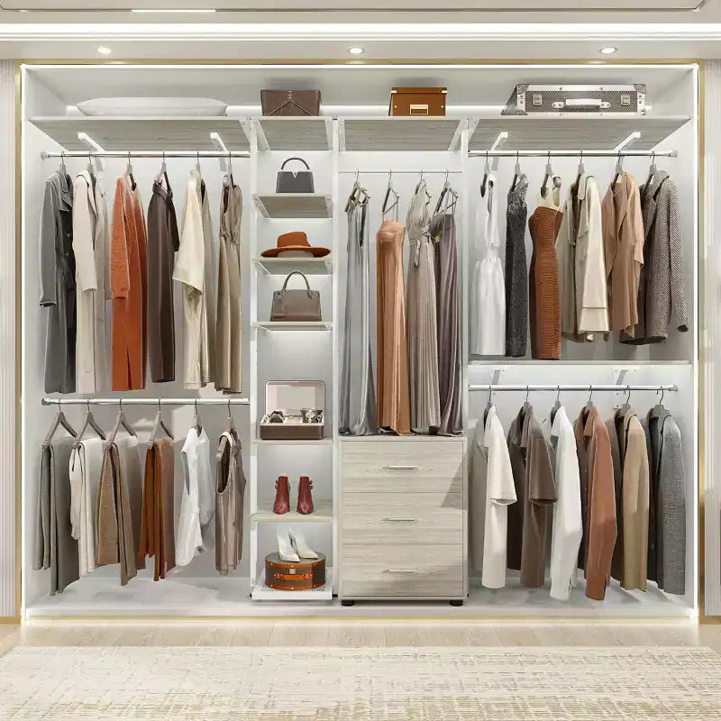 Closet Organizer System with Tower Shelving & 3 Drawers, 96"x80", 1200 lbs Capacity