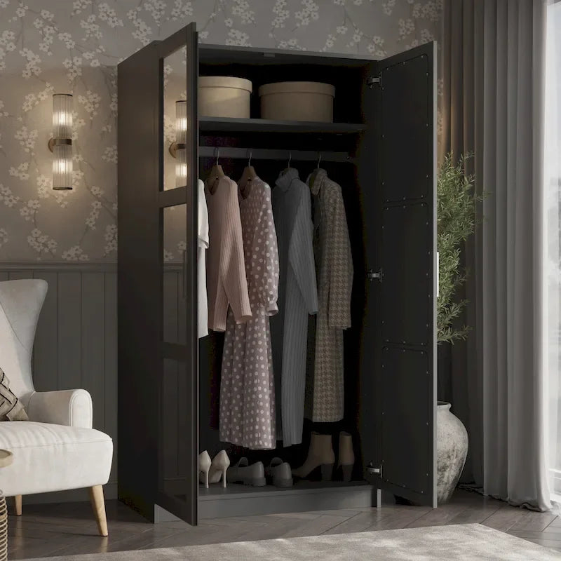 2-Door Solid Pine Wood Wardrobe Armoire with Clothing Rod & Adjustable Shelf – White / Black / Gray, Solid Wood or Mirrored Doors, Single