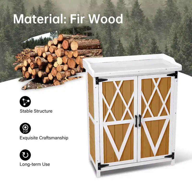 Waterproof storage cabinet, wooden garden workbench with 2 removable shelves, galvanized metal tabletop, suitable for indoor and outdoor use.