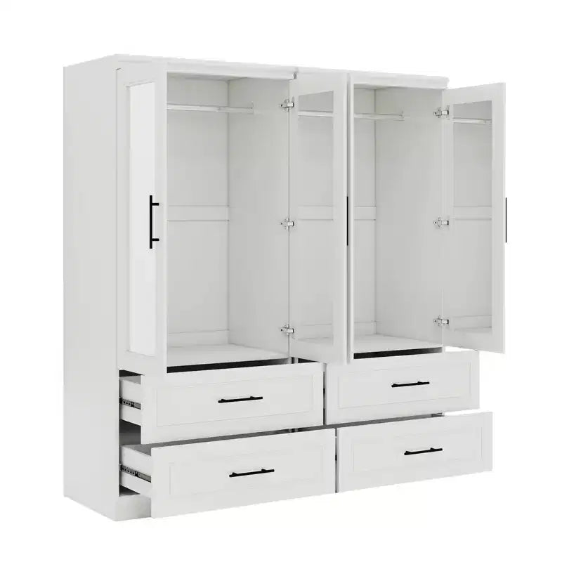 White Wood 63-Inch Armoire with 4 Drawers and 4 Doors, Bedroom Wardrobe Cabinet
