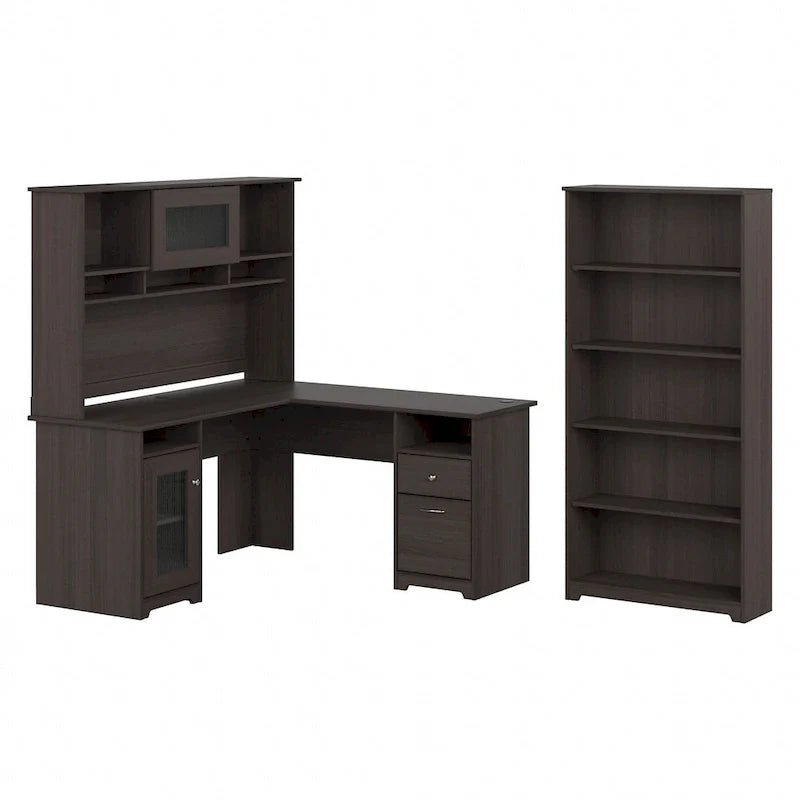 60" L-Shaped Computer Desk with Hutch, 5-Shelf Bookcase & File Drawer, 200 lb Desktop Capacity