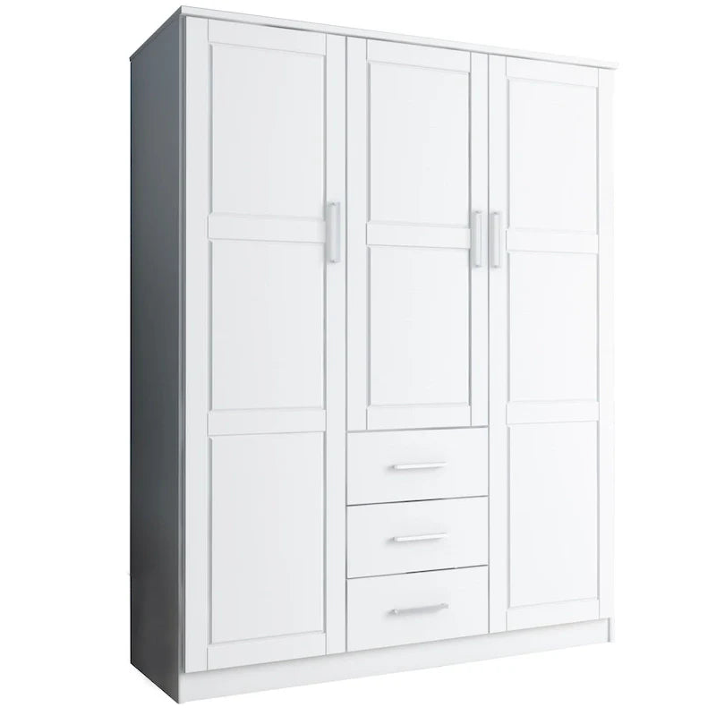 3-Door Solid Pine Wood Wardrobe Armoire, 72"H x 56"W, Mirrored or Panel Door, 3 Clothing Rods