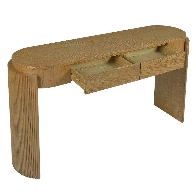 Oval-Top Console Table with Fluted Curved Legs & Dual Hidden Drawers