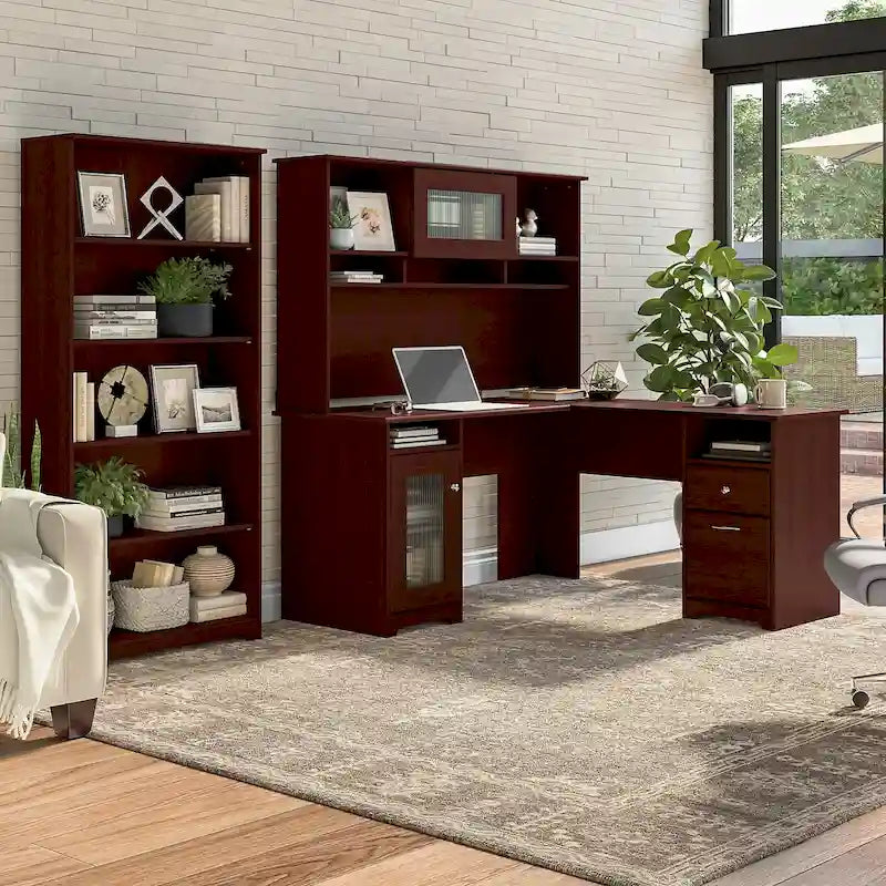 60" L-Shaped Computer Desk with Hutch, 5-Shelf Bookcase & File Drawer, 200 lb Desktop Capacity