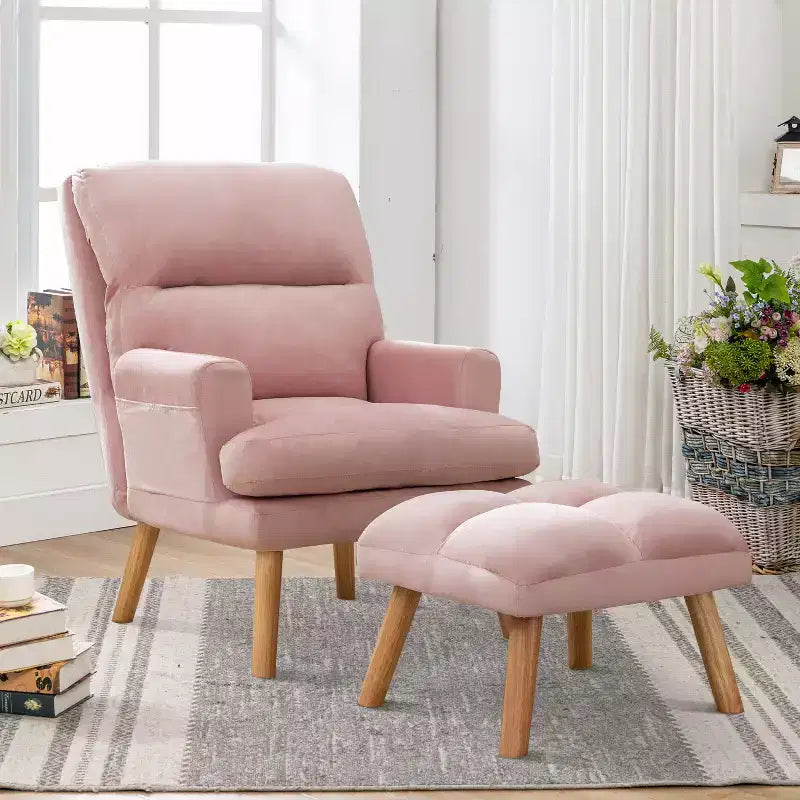 Accent Chair with Ottoman, Velvet Armchair with Adjustable Backrest and Side Pocket