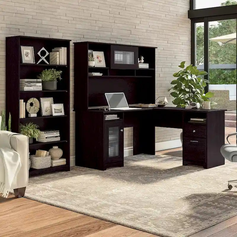60" L-Shaped Computer Desk with Hutch, 5-Shelf Bookcase & File Drawer, 200 lb Desktop Capacity
