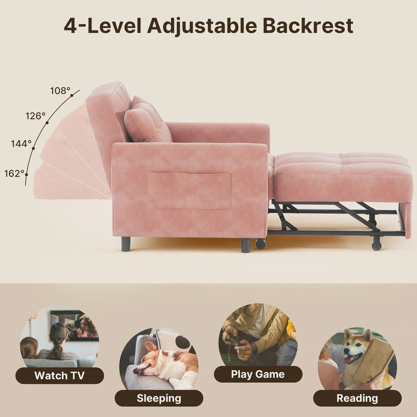 3-in-1 Adjustable Sleeper Sofa Bed, Pull Out Chair Sofa, Convertible Folding Bed for Living Room