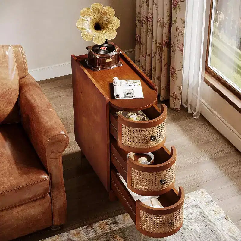 Lantine Solid Wood End Table with 3 Rattan Drawers and Exquisite Embossed Handles, No Assembly Required