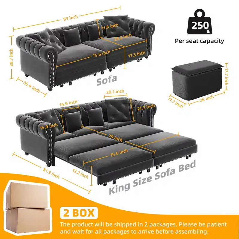 3-in-1 Pull-Out Sofa Bed, King Size Convertible Sleeper Sofa with Chaise & Movable Ottoman, Velvet Tufted 3-Seater Couch, Charcoal Gray