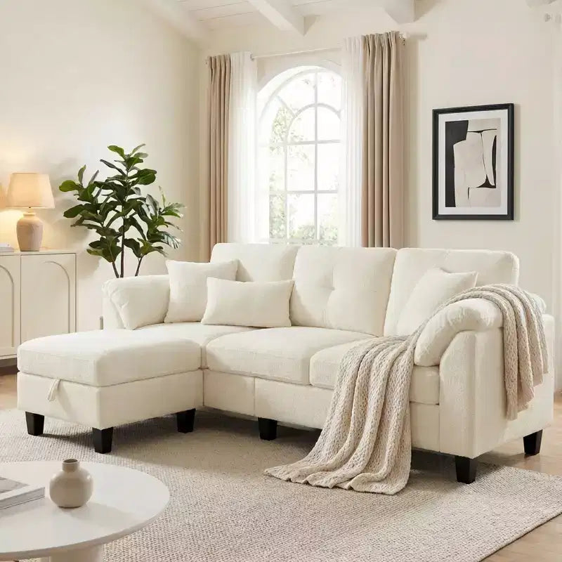 76.4-Inch Modern Three-Seater Sofa with Armrests and Pillows in Chenille Beige