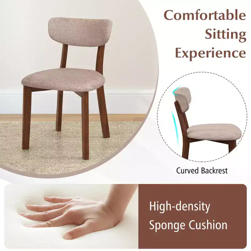 Costway Upholstered Dining Chairs Set of 4 with Solid Rubber Wood Frame, Curved Backrest Brown/Grey
