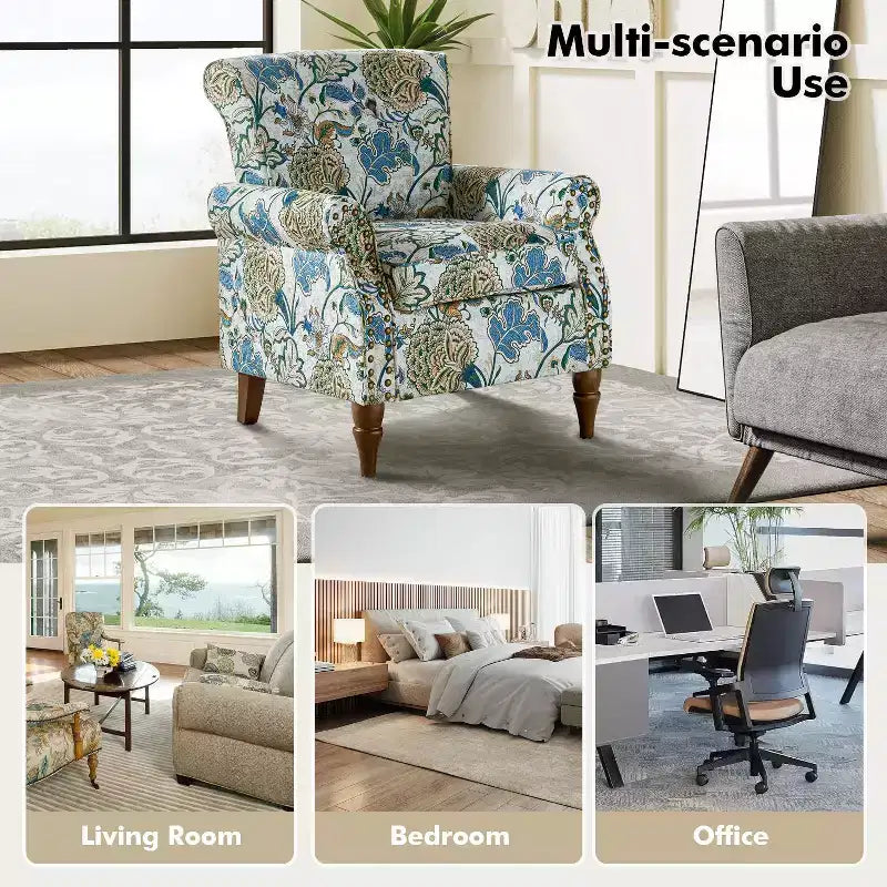 Traditional Wooden Upholstered Floral Armchair with Wingback and Nailhead Trim