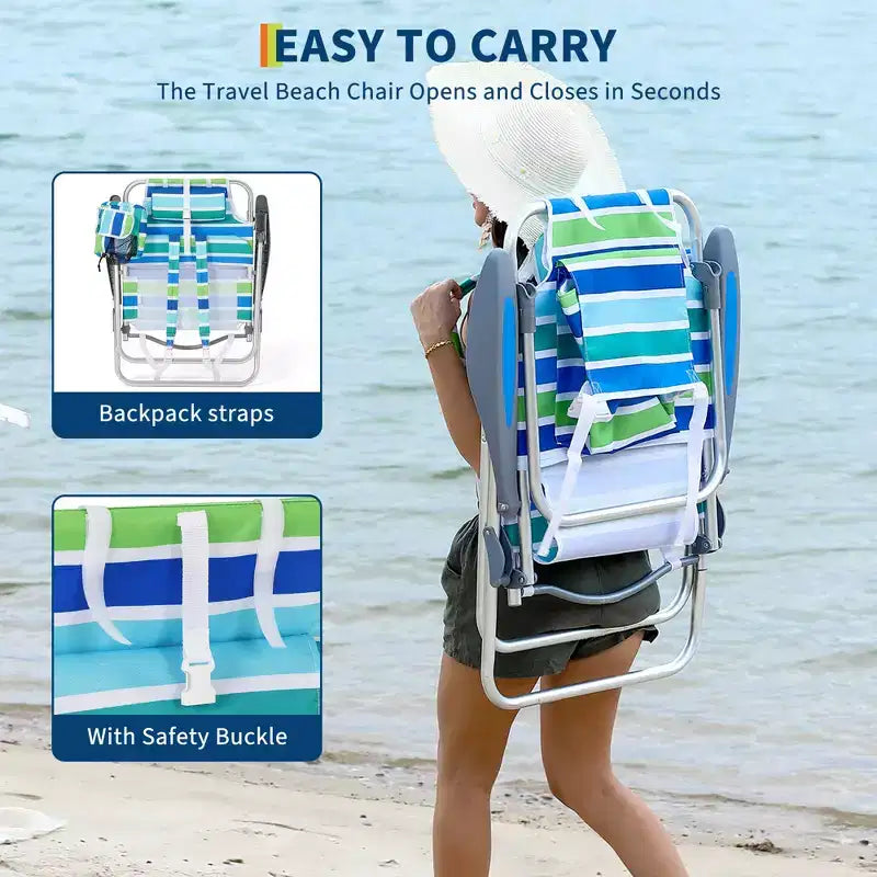 Set of 2 Backpack Beach Chairs for Adults, Lightweight Aluminum Folding Chairs with 5-Position Adjustable Backrest, Towel Bar, Storage Pockets