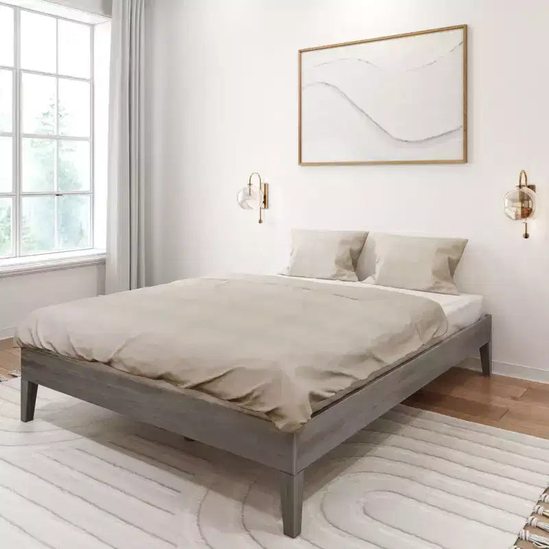 Solid Wood Queen Platform Bed Frame with Pine Slats, 14"H, 750 lb Capacity, No Box Spring Needed