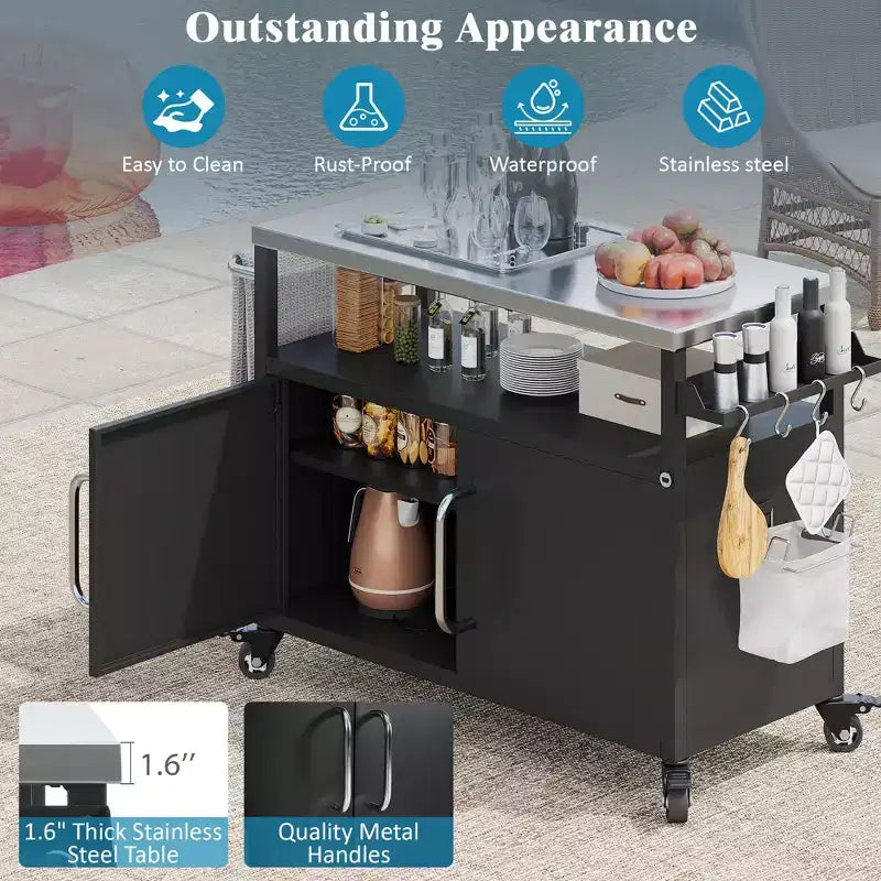 54.5" Outdoor Kitchen Island with Stainless Steel Top, Spice & Towel Rack, Black