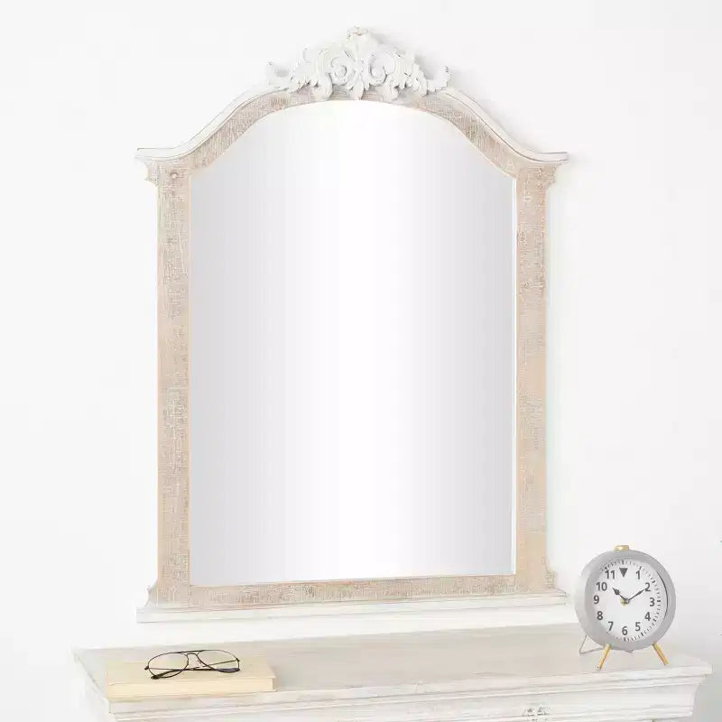 37"x28" Wooden Arched Scroll Wall Mirror with Brown Distressing Cream: No Assembly, Modern Decor