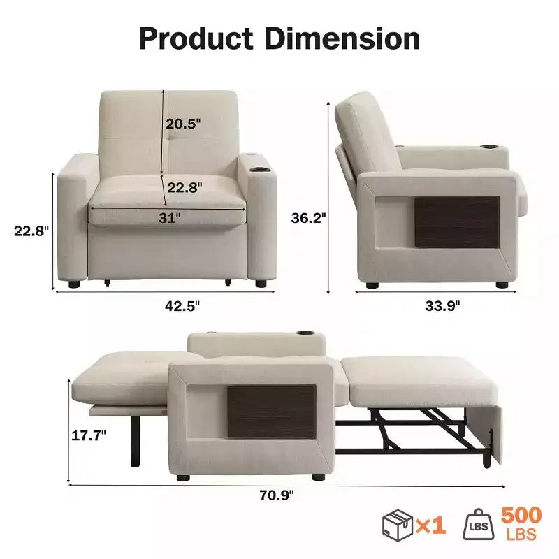 3-in-1 Sleeper Sofa Chair Bed, 42.5 Wide Convertible Pull-Out