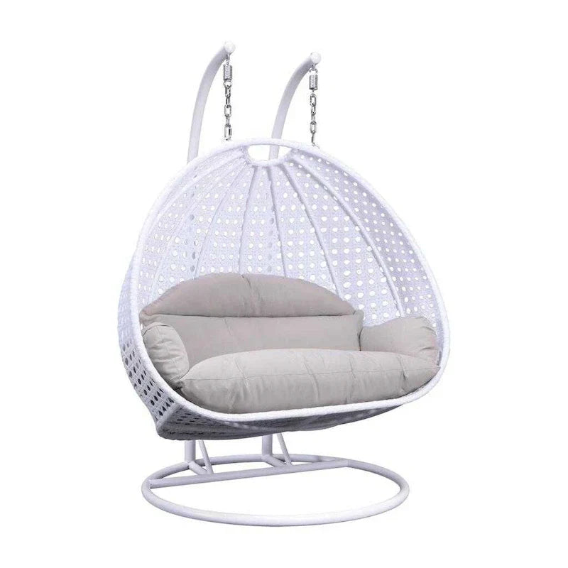 Egg-Shaped Hanging Swing Chair with Metal Stand, Wicker Frame & Cushion ¨C Beige / Charcoal Blue / White / Blue / Antique White / Brown / Canvas, Seats 2