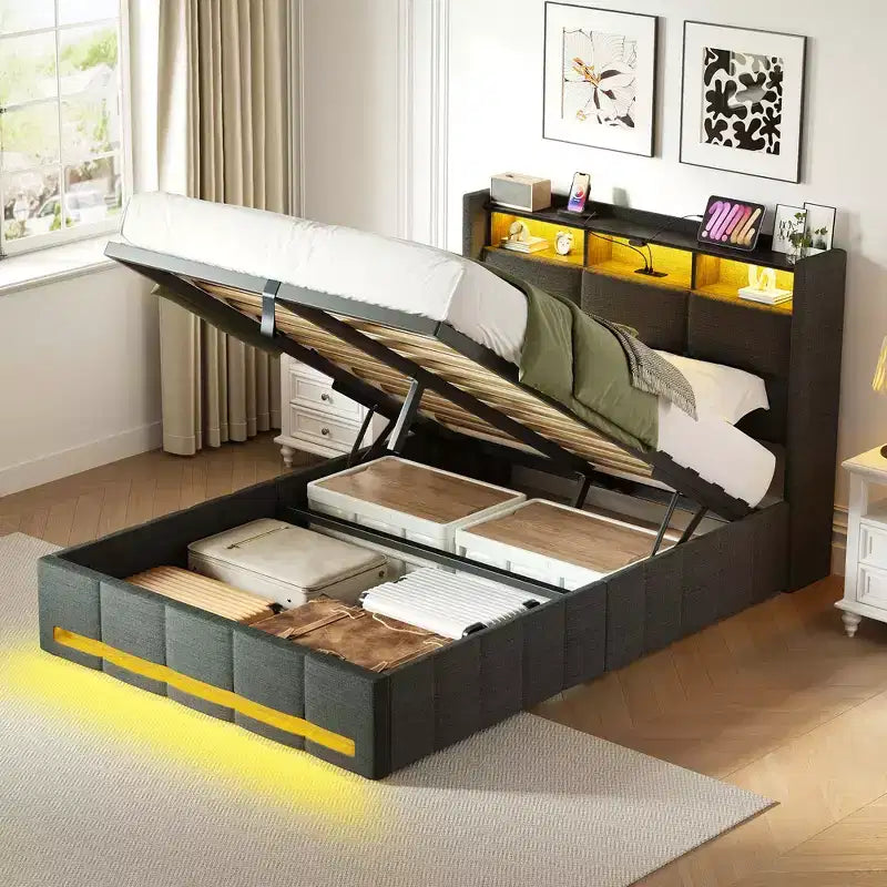 Greenstell Upholstered Lift Storage Bed with LED Lights & Charging Station, Modern Platform Bed, Heavy Duty Wooden Slats