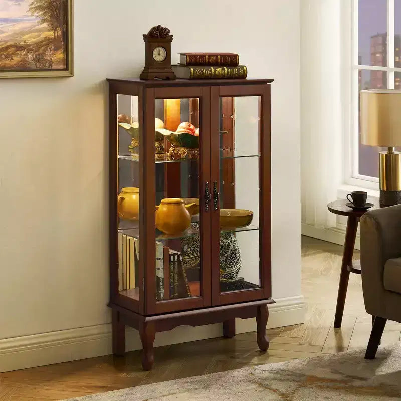 Okak Curio Cabinet with 2 Tempered Glass Doors, Diapaly Cabinet with 3 Adjustable Shelves and Mirrored Back Panel, Cabinet for Living Room