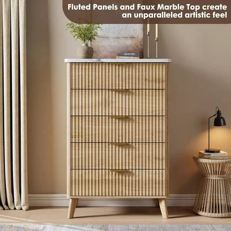 5-Drawer Fluted Dresser, 47.2-Inch Tall Chest of Drawers, Curved Design