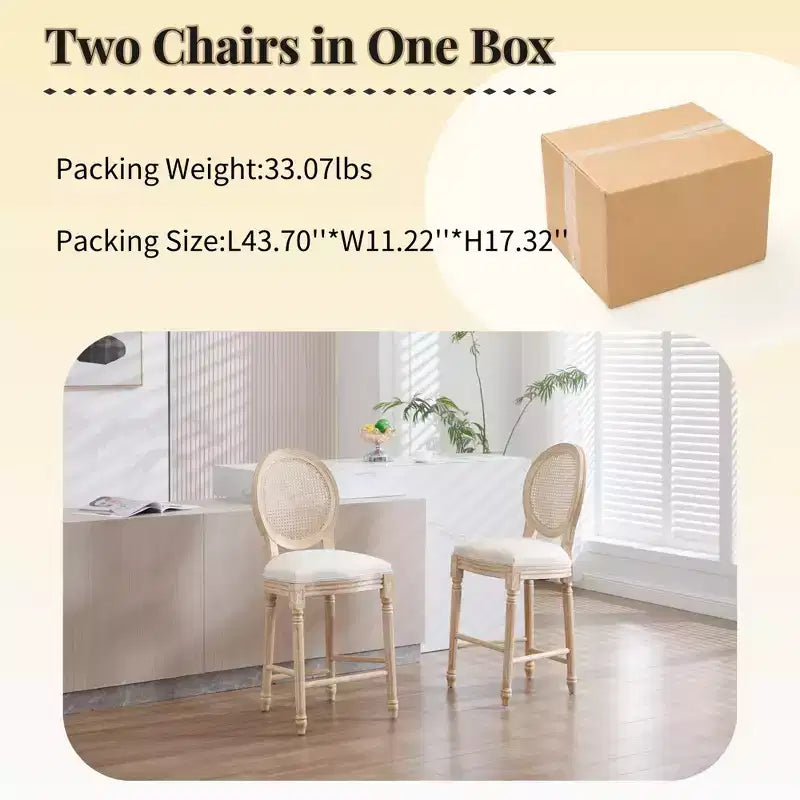 French Country 26 Bar Chairs Set of 2, Upholstered Natural Rattan Round Back, Wire Drawing Carving, Beige