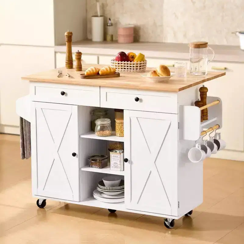 52-Inch Kitchen Island Cart with Solid Wood Top, Storage Cabinet & Drop Leaf