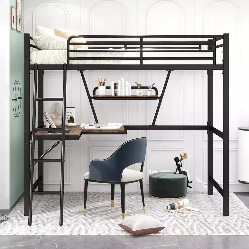 Metal Twin Size Loft Bed with Desk for Kids Teens, Hight Twin Loft Bed Frame with Small Shelf