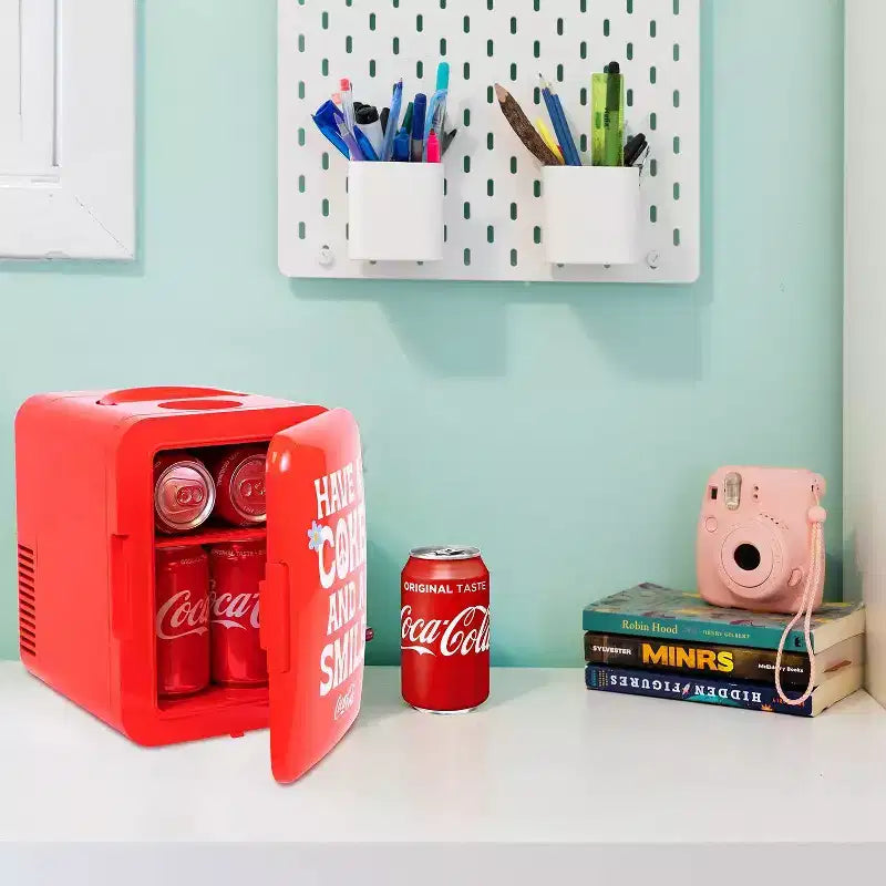 Coca-Cola Smile 1971 Series 4L Cooler/Warmer 12V DC 110V AC Mini Fridge: Dorm Beverage Refrigerator, 6 Can Capacity