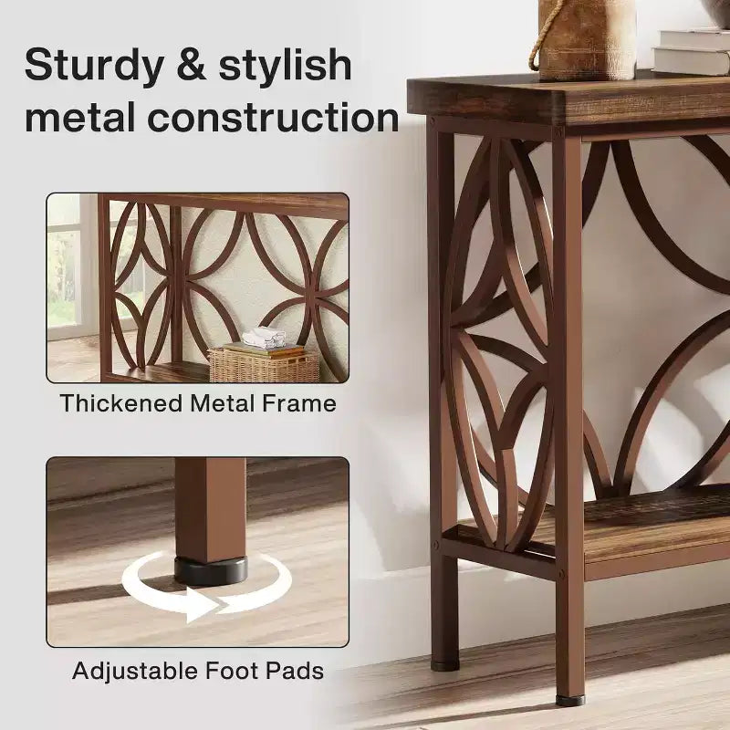 Lantine 70.9-Inch Narrow Sofa Table, 2-Tier Industrial Console Table Behind Couch, Long Entry Tables with Storage for Foyer, Hallway, Glossy Brown