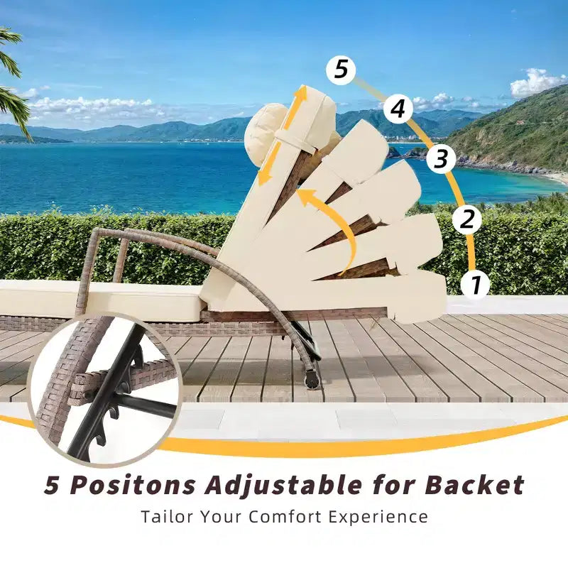 Coolmee Outdoor Chaise Lounge Set of 2 Rattan Patio Folding Chaise Lounge Adjustable 5 Position Back Patio Pool Lounge Chair with Cushion Pillow