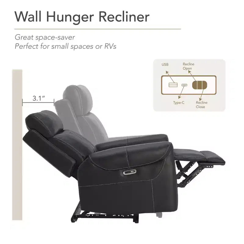 Wall Hugger Power Recliner with USB Ports, Faux Leather, 3 Positions, 350 lbs