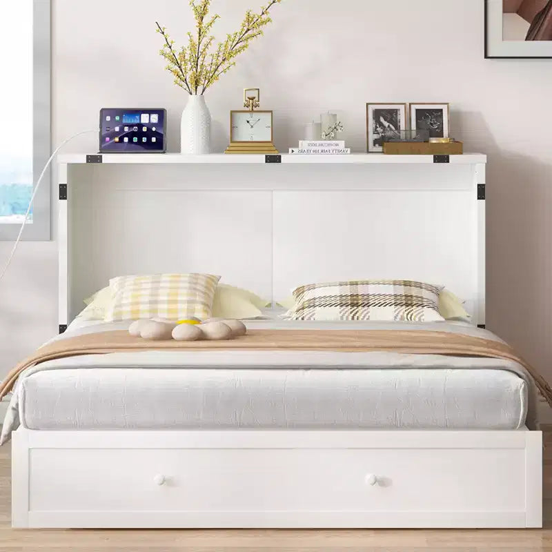 Murphy Bed Cabinet, Modern Murphy Bed Queen with Mattress, Built-in USB Charging Station & Drawers
