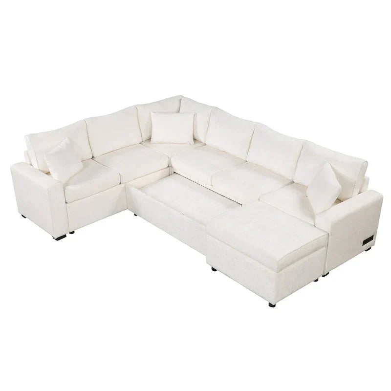 Chenille Sectional Sofa Pull-out Sofa Bed, L-Shape Sleeper Sofa with Storage Ottoman, 3 Pillows and Charging Devices
