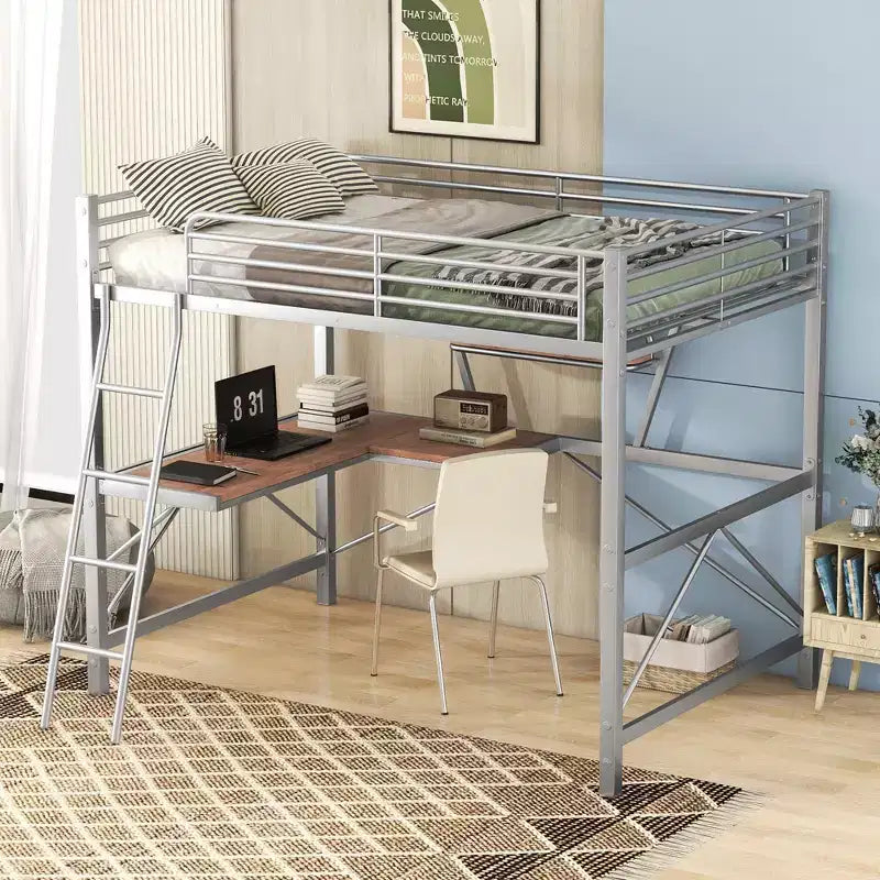 Metal Twin Size Loft Bed with Desk for Kids Teens, Hight Twin Loft Bed Frame with Small Shelf