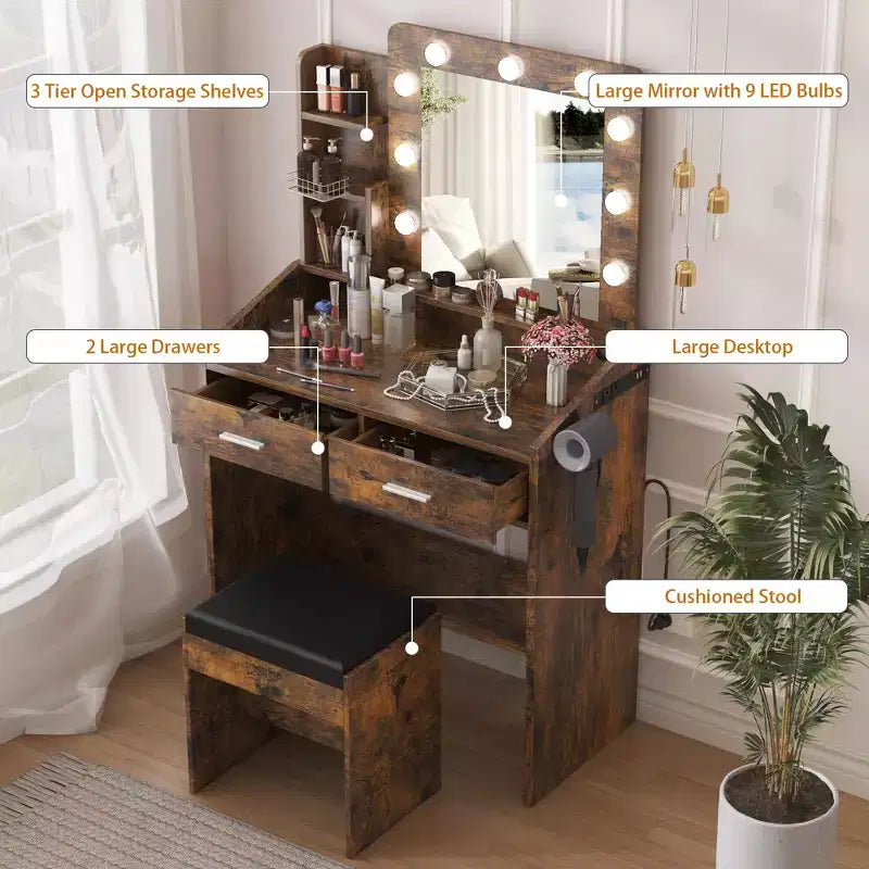 Vanity Desk with Mirror and Lights, Makeup Vanity with Power Outlet & Cushioned Stool, 3 Lighting Modes Adjustable Brightness, Dressing Table