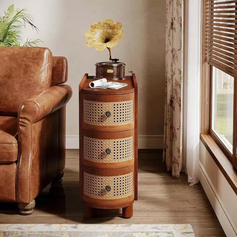 Lantine Solid Wood End Table with 3 Rattan Drawers and Exquisite Embossed Handles, No Assembly Required