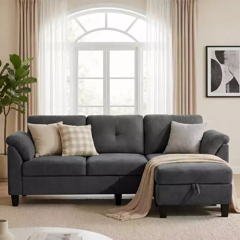 76.4-Inch Modern Three-Seater Sofa with Armrests and Pillows in Chenille Beige